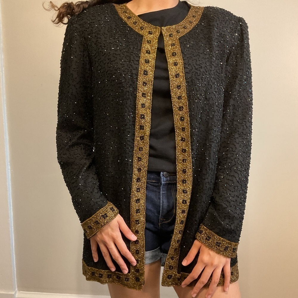 Vintage Glam Fairycore Black Gold beaded Whimsy Midi Formal Silk Blazer Medium